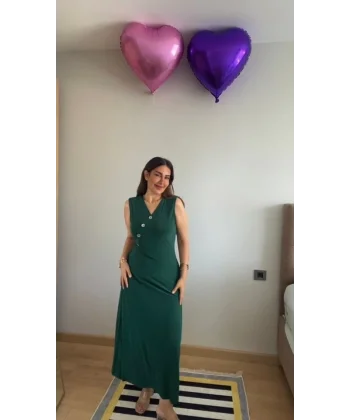 Kadın Kruvaze Yaka Düğme Detay Maxi Boy Elbise