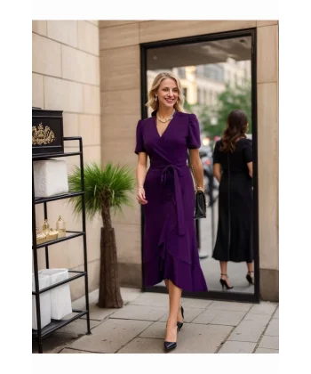 Kadın Kruvaze Yaka idi Boy Kuşaklı Krep Elbise 120 Cm