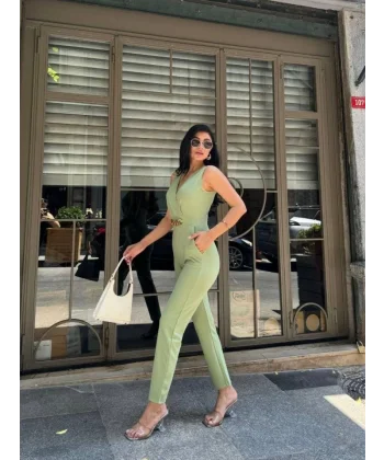 Kadın Kruvaze Yaka Kemer Detaylı Scuba Krep Tulum