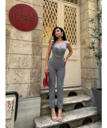 Kadın Kruvaze Yaka Kemer Detaylı Scuba Krep Tulum