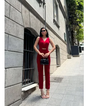 Kadın Kruvaze Yaka Kemer Detaylı Scuba Krep Tulum