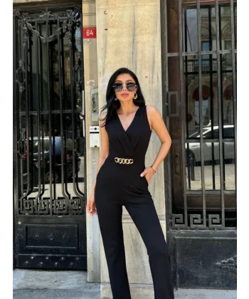 Kadın Kruvaze Yaka Kemer Detaylı Scuba Krep Tulum