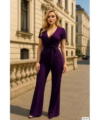 Kadın Kruvaze Yaka Kısa Kollu Kuşaklı Tulum