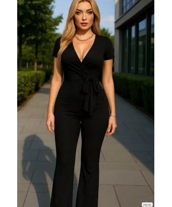 Kadın Kruvaze Yaka Kısa Kollu Kuşaklı Tulum