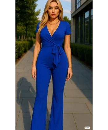 Kadın Kruvaze Yaka Kısa Kollu Kuşaklı Tulum