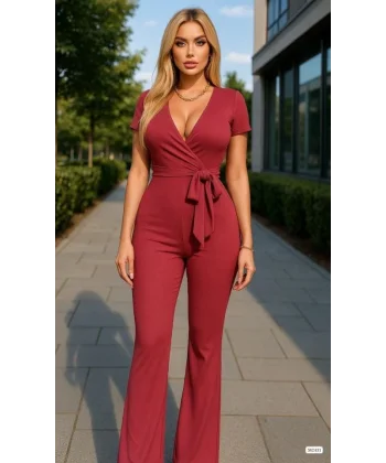 Kadın Kruvaze Yaka Kısa Kollu Kuşaklı Tulum