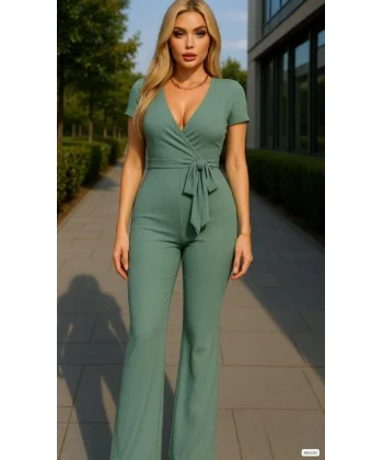 Kadın Kruvaze Yaka Kısa Kollu Kuşaklı Tulum