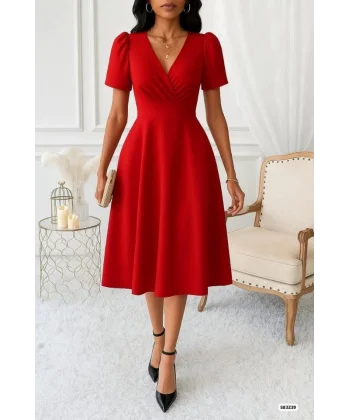 Kadın Kruvaze Yaka Kısa Kollu Midi Boy Krep Kumaş Elbise