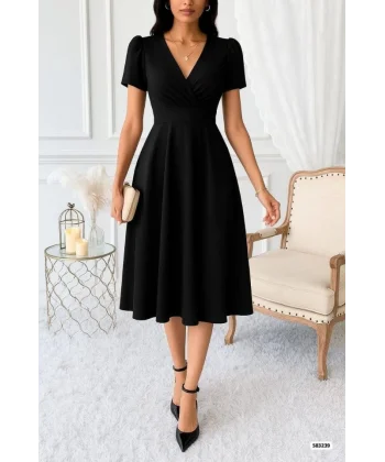 Kadın Kruvaze Yaka Kısa Kollu Midi Boy Krep Kumaş Elbise