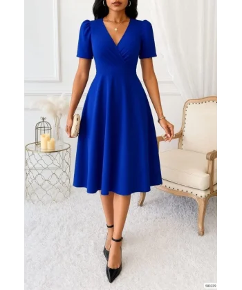 Kadın Kruvaze Yaka Kısa Kollu Midi Boy Krep Kumaş Elbise