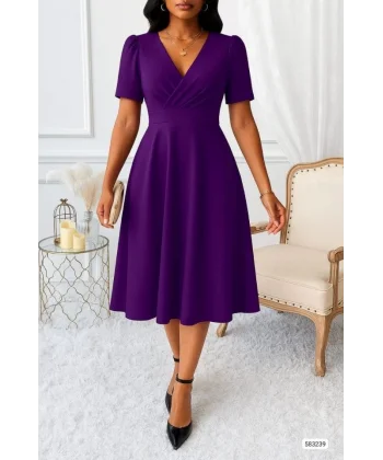 Kadın Kruvaze Yaka Kısa Kollu Midi Boy Krep Kumaş Elbise