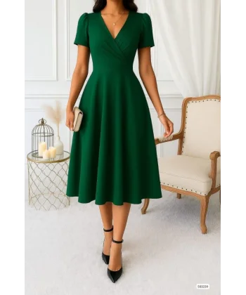 Kadın Kruvaze Yaka Kısa Kollu Midi Boy Krep Kumaş Elbise