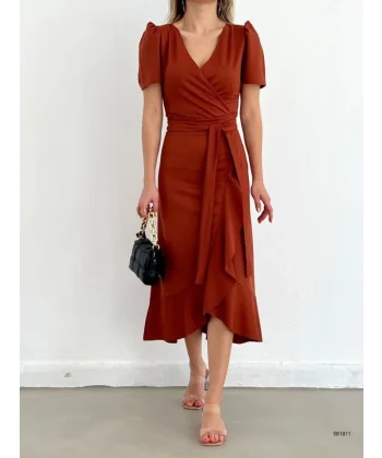 Kadın Kruvaze Yaka Midi Boy Kuşaklı Krep Elbise 120 Cm