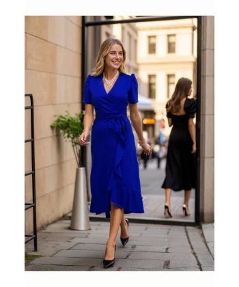 Kadın Kruvaze Yaka Midi Boy Kuşaklı Krep Elbise 120 Cm