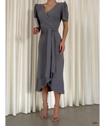 Kadın Kruvaze Yaka Midi Boy Kuşaklı Krep Elbise 120 Cm