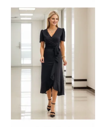 Kadın Kruvaze Yaka Midi Boy Kuşaklı Krep Elbise 120 Cm