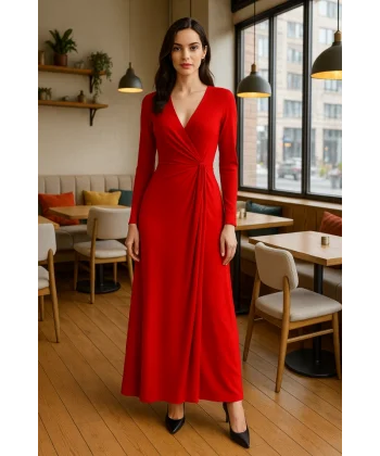 Kadın Kruvaze Yaka Toka Detay Maxi Boy Elbise