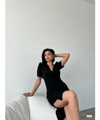 Kadın Kruvaze Yaka Yandan Yırtmaç Detaylı cuba Krep Kumaş idi Boy Elbise