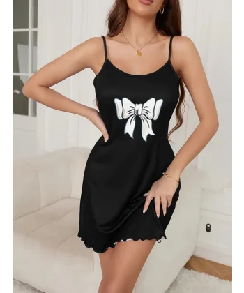 Kadın Kurdela Baskılı Askılı Viskon Gecelik