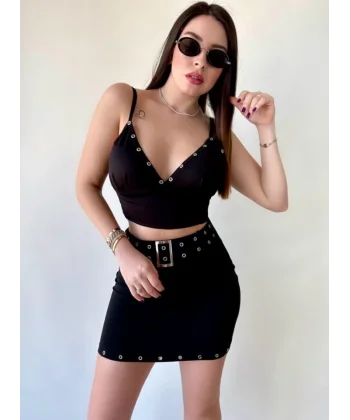 Kadın Kuşgözü Detaylı Crop Etek Takım