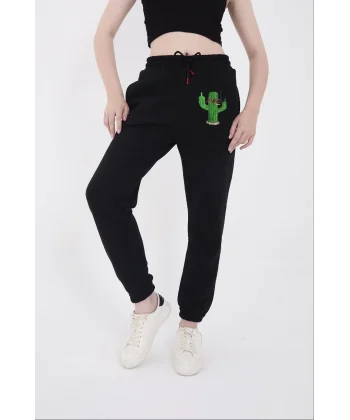 Kadın Lastikli Baskılı Eşofman Pantolon - Siyah