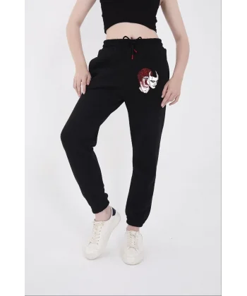 Kadın Lastikli Baskılı Eşofman Pantolon - Siyah