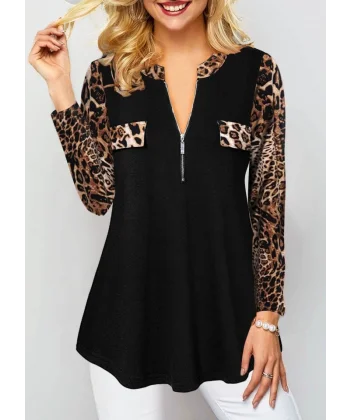 Kadın Leopar Desen Fermuar Detay Viskon Kumaş Bluz