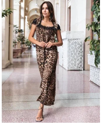Kadın Leopar Desenli Dantelli Jesica Kumaş axi Boy Elbise
