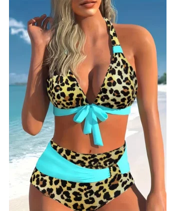 Kadın Leopar Desenli Kurdela Yamaçlı Yüksek Bel Mayo Dalgıç Bikini Takım