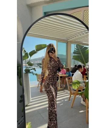 Kadın Leopar Desenli Sırt Dekoltelı Maxı Boy Elbise