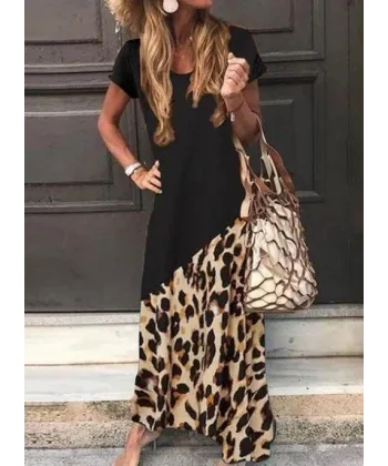 Kadın Leopar Garnili, Turlu Viskon Elbise