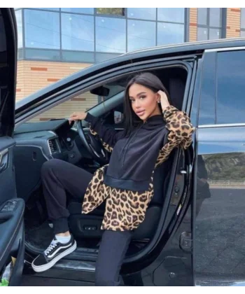 Kadın Leopar Ve Gömlek Detay Sweat Ve Pantolon Kili Takım