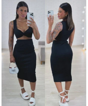 Kadın Likralı Burgu Kumaş Kruvaze Detaylı Büstiyer Etek Takım