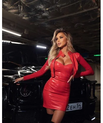 Kadın Likralı Deri Detay traplez Mini Elbise Ve Boyun çıtçıtlı Deri Ceket Ikili Takım