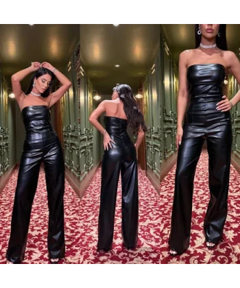 Kadın Likralı Deri Straplez Tulum