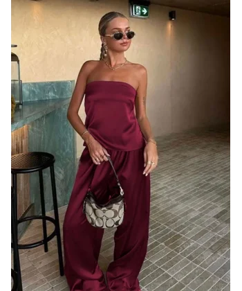 Kadın Likralı Saten Kumaş Straplez Bağlamalı Ikili Takım