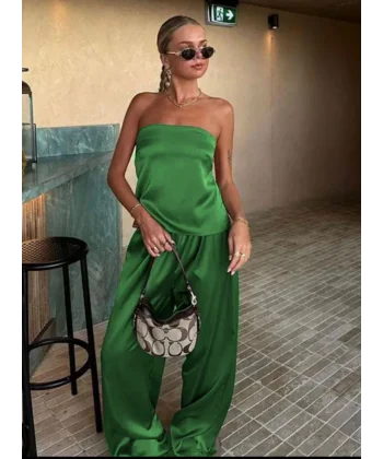 Kadın Likralı Saten Kumaş Straplez Bağlamalı Ikili Takım