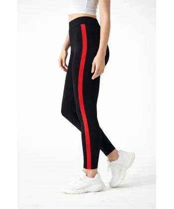 Kadın Likralı Yan Kırmızı Şeritli Detaylı Tayt - Siyah