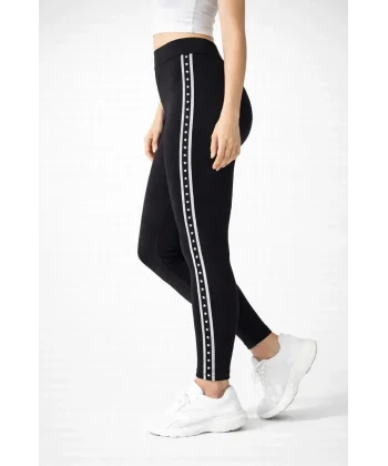 Kadın Likralı Yan Yıldız Şeritli Detaylı Tayt - Siyah