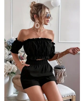 Kadın Madonna Yaka Crop şort Ikili Keten Takım