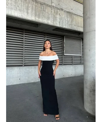 Kadın Madonna Yaka Dalgıç Krep Kumaş Kalem Elbise