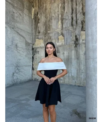 Kadın Madonna Yaka Dalgıç Krep Kumaş Siyah Mini Elbise