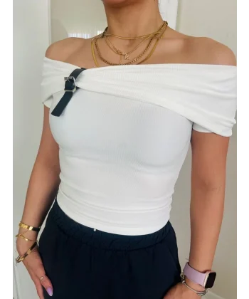 Kadın Madonna Yaka Deri Toka Detay Ottoman Kumaş Bluz