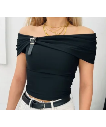 Kadın Madonna Yaka Deri Toka Detay Ottoman Kumaş Bluz