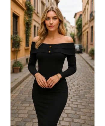 Kadın Madonna Yaka Düğme Detay Fırsat ürün Midi Boy Elbise