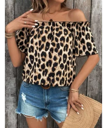 Kadın Madonna Yaka Fırfırlı Leopar Desenli Mikro Kumaş Bluz