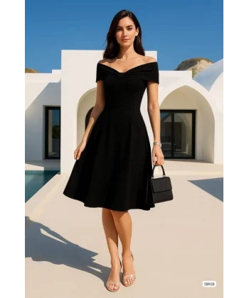 Kadın Madonna Yaka Pliseli Scuba Krep Kumaş Diz üstü Elbise