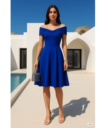 Kadın Madonna Yaka Pliseli Scuba Krep Kumaş Diz üstü Elbise