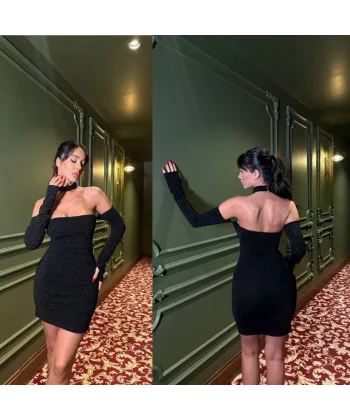 Kadın Madonna Yaka Simli Flower Kumaş Mini Elbise