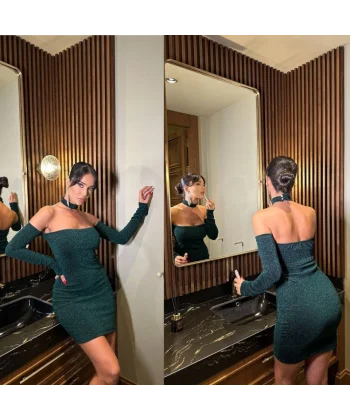 Kadın Madonna Yaka Simli Flower Kumaş Mini Elbise